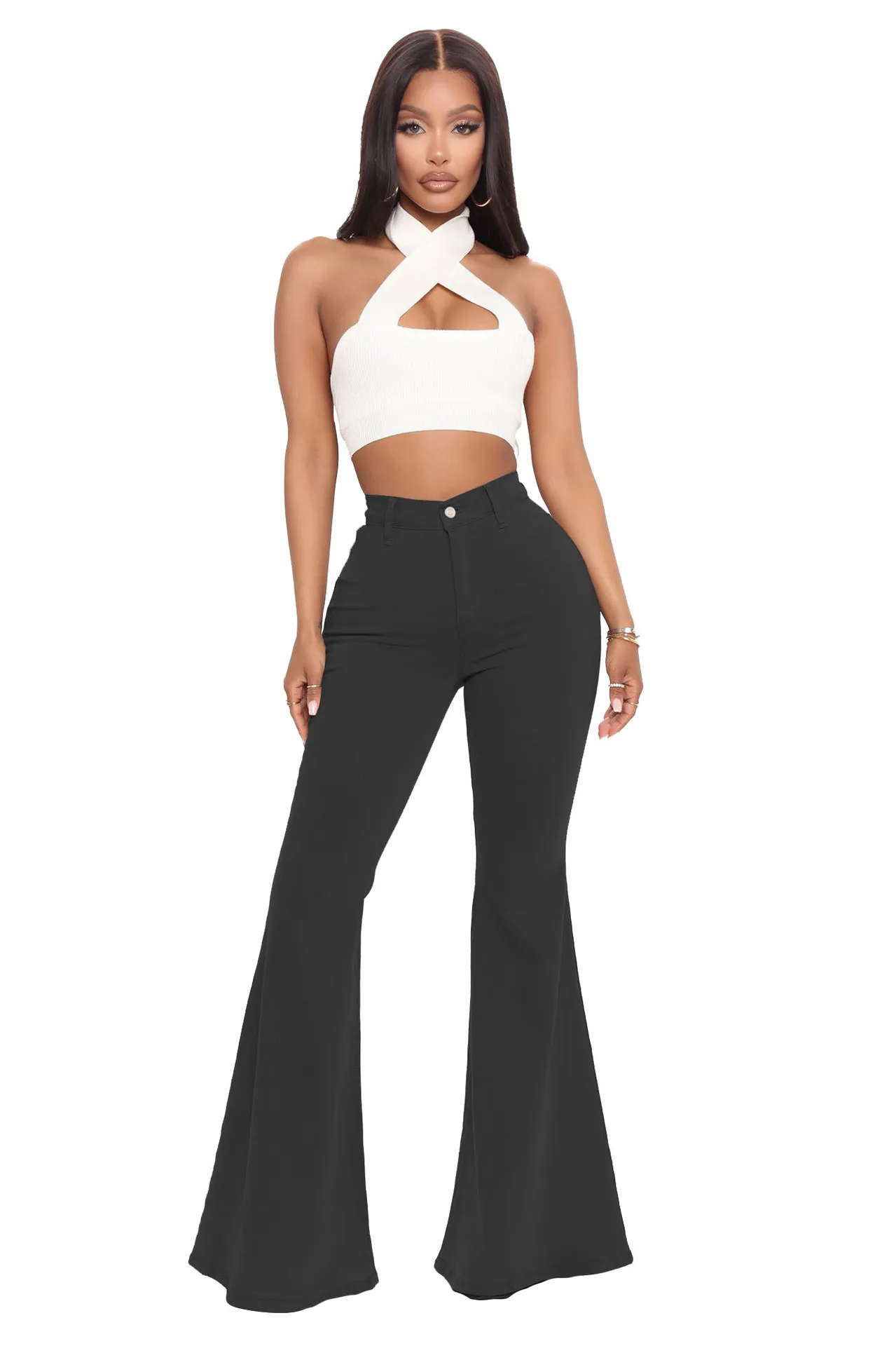 

Cross-Border Hsf2078 Amazon Hot Sale European and American Fashion High Waist All-Matching Slim Stretch Denim Bell-Bottom Pants