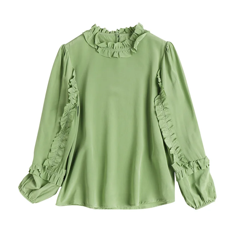 

2020 Spring French Lantern Sleeve Green 100% Pure Silk Blouse Ruffles Yellow Shirt Women Clothes Ladies Tops Loose Pullover Chic
