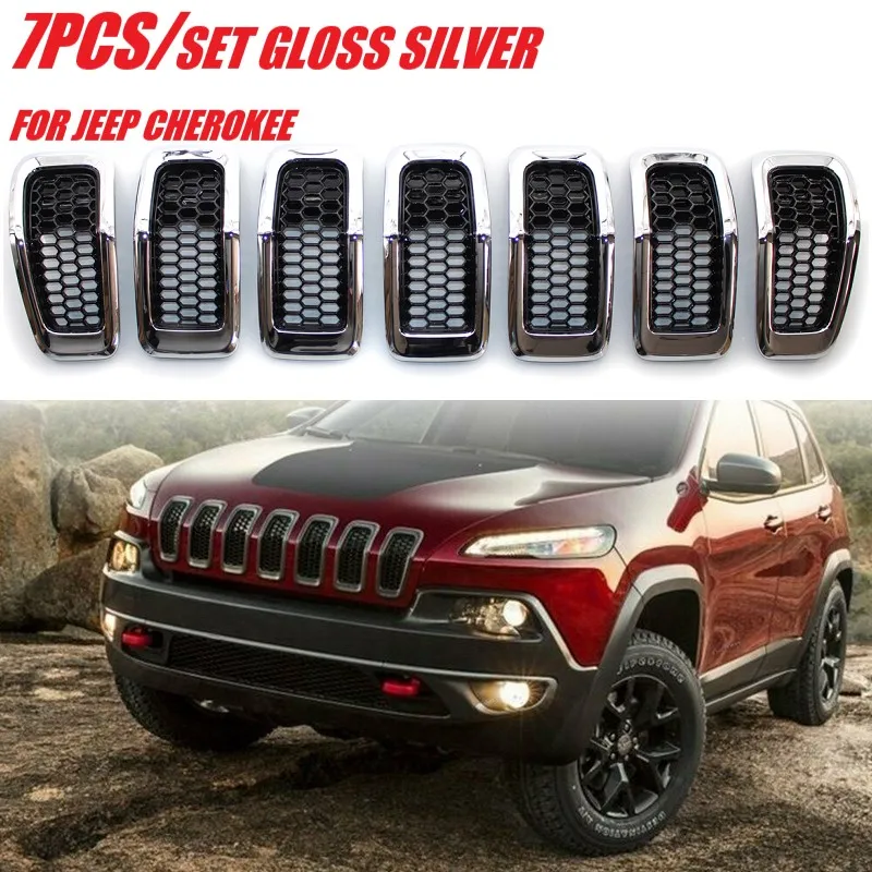 

7PCS Car Front Bumper Central Grill Cover Trim Replaced Mesh Honeycomb Racing Grilles For Jeep Cherokee 2014 2015 2016 2017 2018