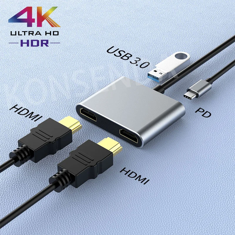

Type C To USB 3.0 PD 4 in 1 Hub Display Dual Screen USB C Splitter Audio Video Converter 4k HD