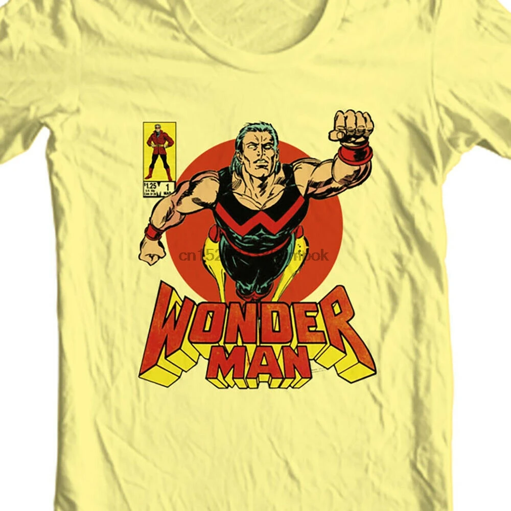 Футболка чудо-мен комиксы ретро винтажная серебристая желтая графическая