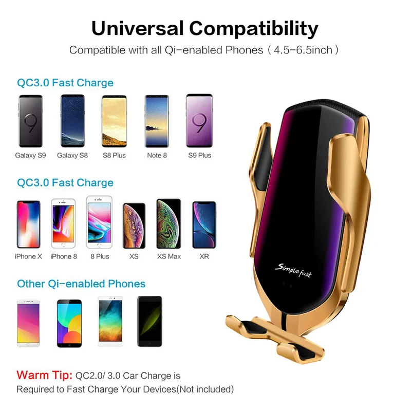 

Universal Car Wireless Charger Infrared Sensor Qi Fast Charging Auto Clamping Car Phone Holder Car Bracket Interior Accessories