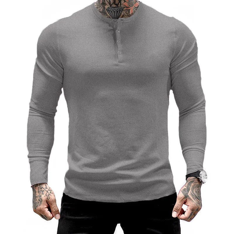 

YEMEKE Men's Button collar Long-sleeved o-neck wear cotton slim shirt T-shirt fashion GYMS exercise breathable sportswear