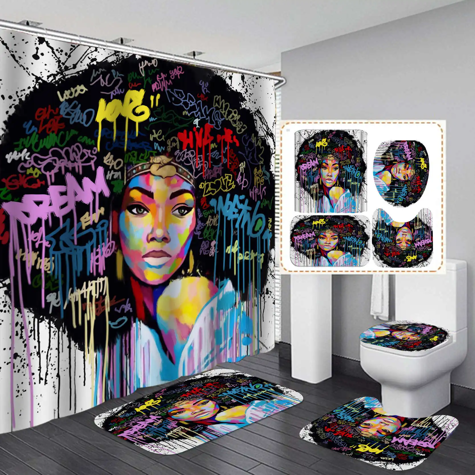 

African woman Print Shower Curtain 4 Piece Carpet Cover Toilet Cover Bath Mat Pad Set Bathroom Curtain with 12 Hooks