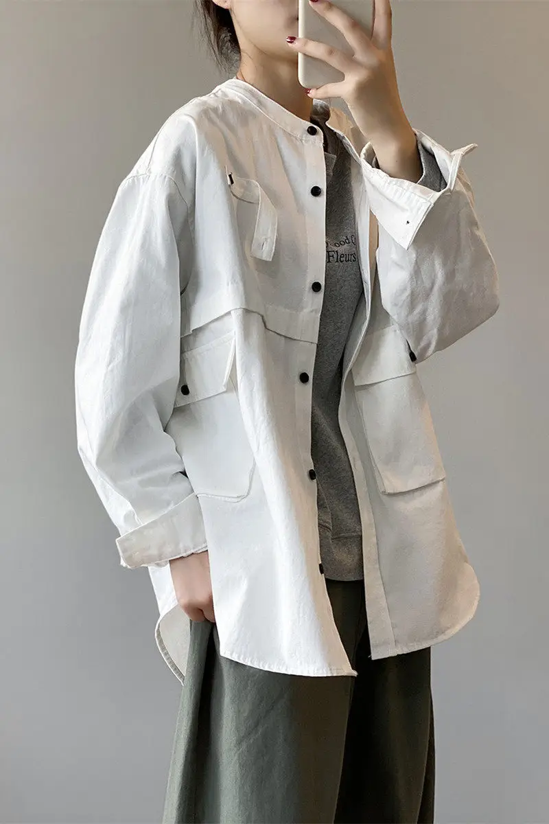 

Simple Thin Section Korean Jacket Coat Female Loose Tooling Casual Stand-up Retro Women Top 2020 Autumn New Mujer Chaqueta K1307