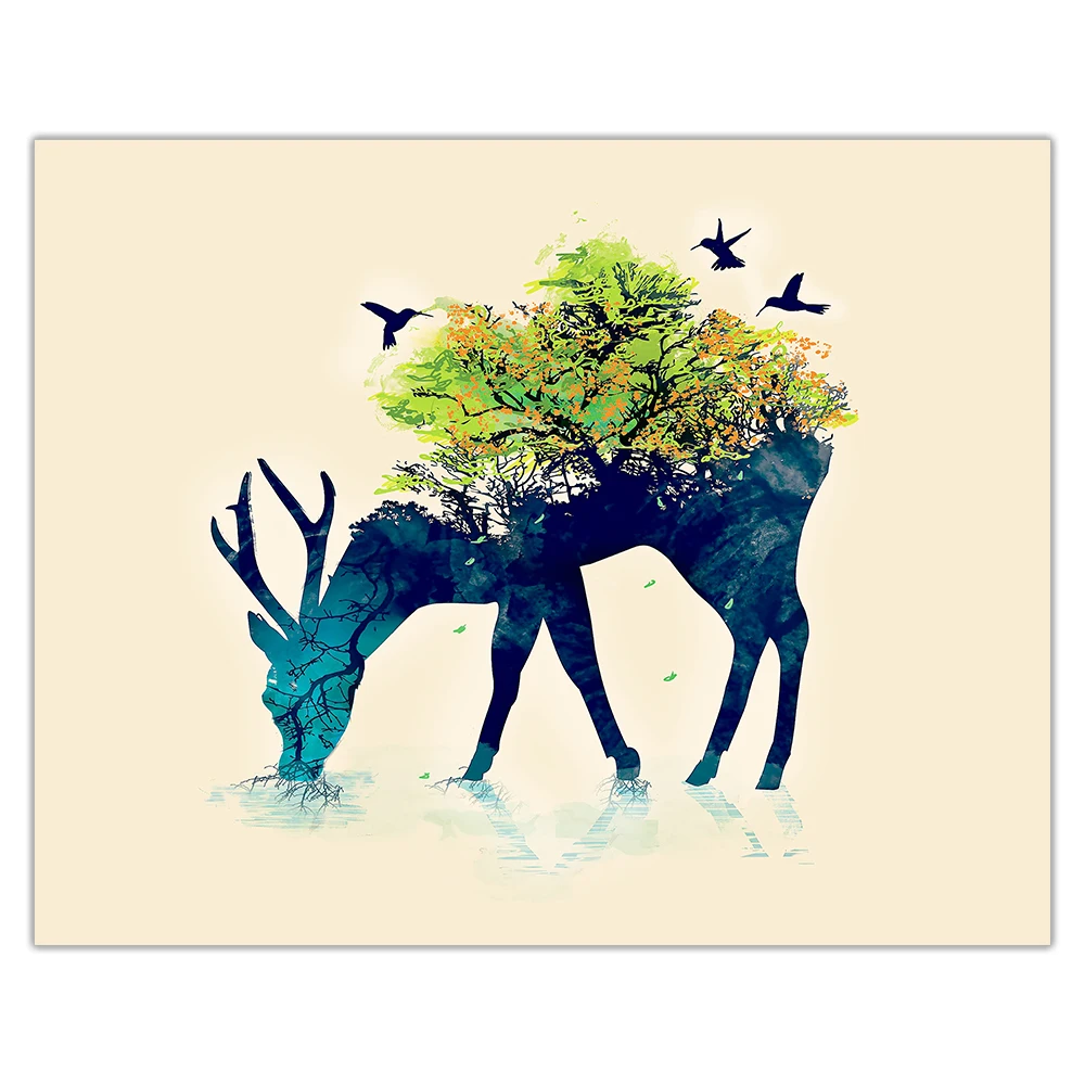 Художественная картина Citon на холсте лес и птицы задней стороне лося