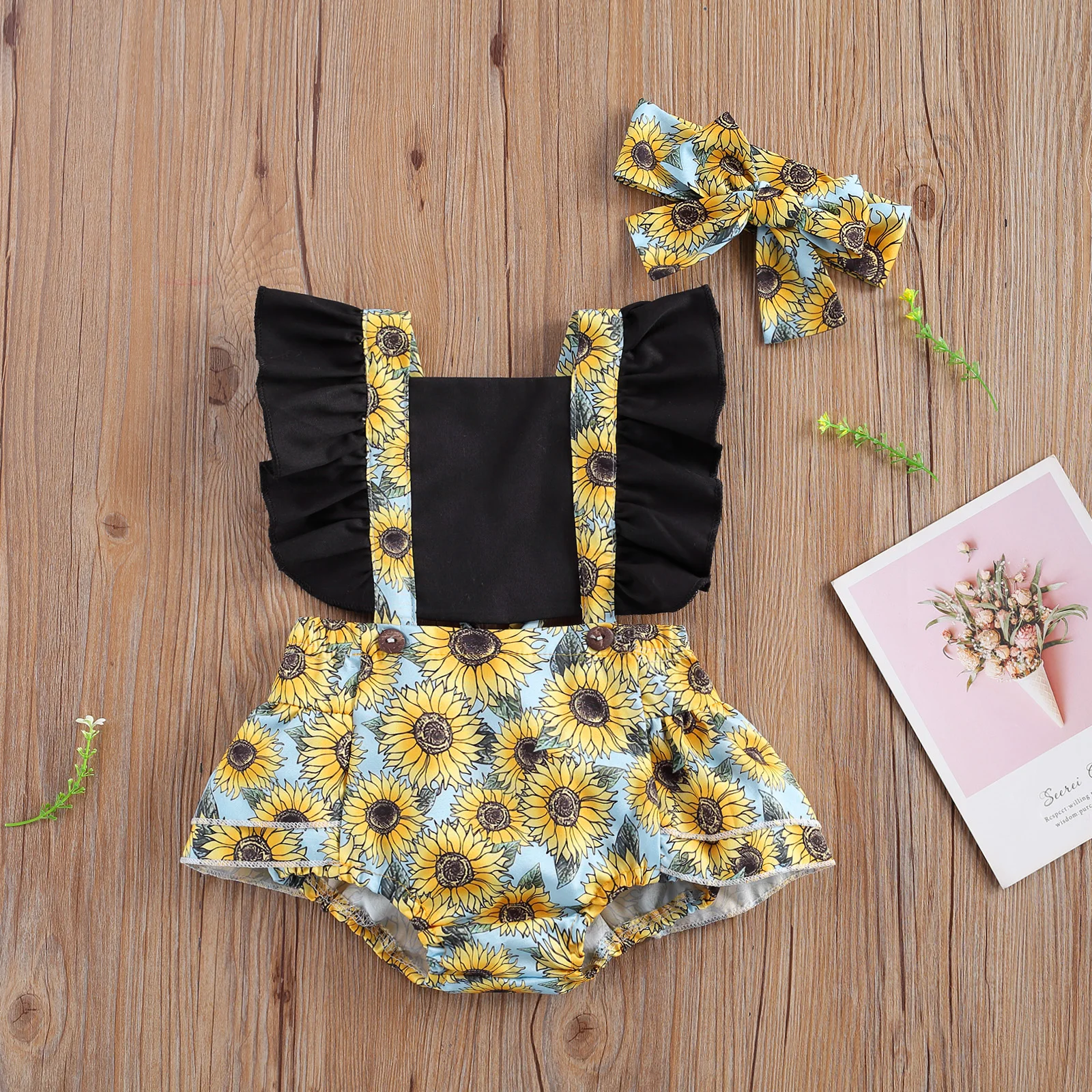 

pudcoco 0-24 Months Infants Romper Floral Tops, Baby Girl Headband, Fly Sleeve Home Sleeping Kid Ruffle Clothes, 2 Pieces