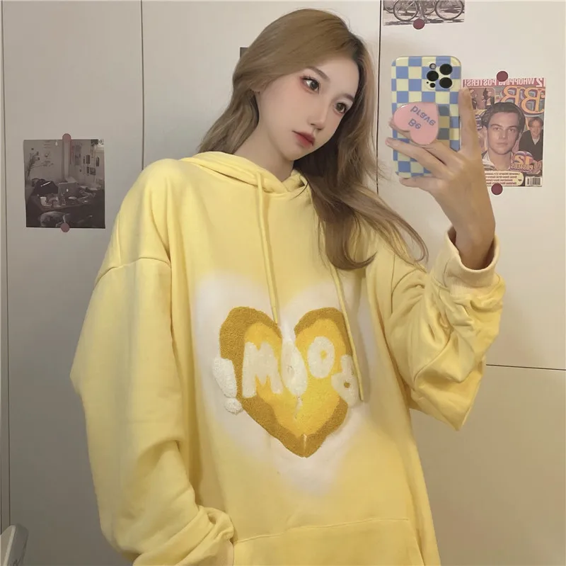 

2021 Autumn Love Letter Towel Embroidered Loose Sweatshirt Long Sleeve Niche Design Hooded Hoodie Women