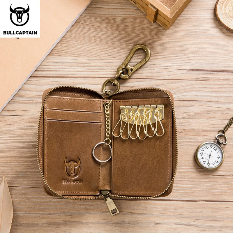 BULLCAPTAIN leather men's key bag casual access control card holder anti-theft brush multi-function first layer cowhide key bag