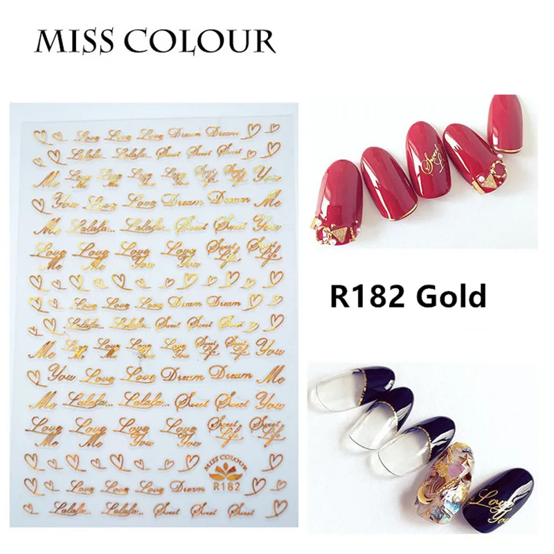 1 лист ногтей Стикеры клей ручной записи английские слова буквы серебристо белый