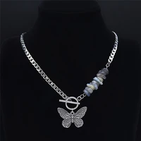 punk butterfly stainless%c2%a0steel natural flash stone necklace chain silver color bead necklace jewelry colgantes mujer nxs04