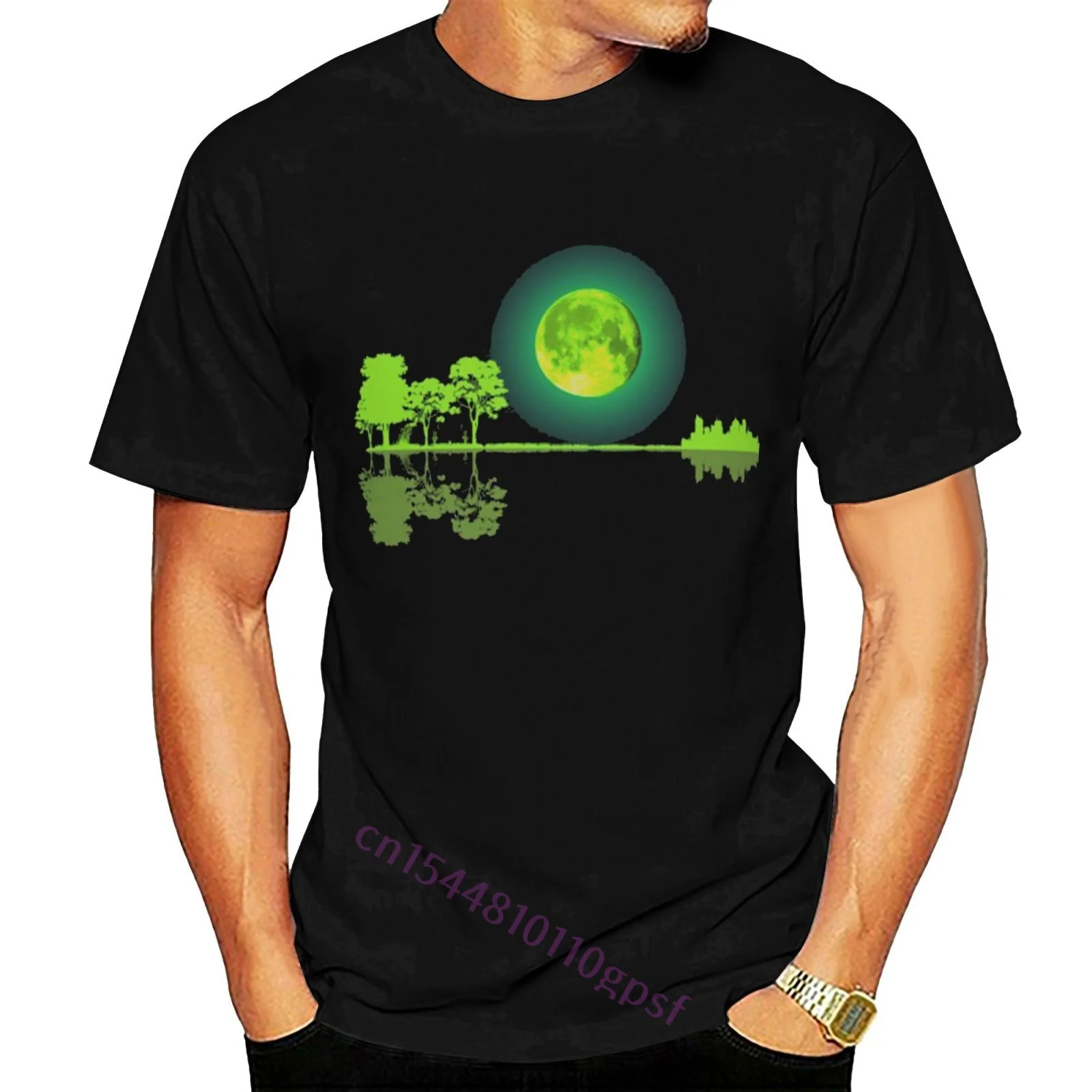 

Unisex Guitar Moon Nature Silhouette Vintage Funny Tshirt Men's 100% Cotton Black T-Shirt Streetwear Tee