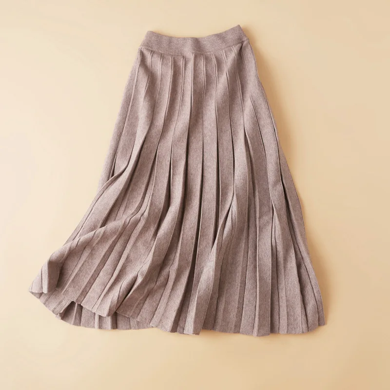 

Women Vintage Knitted Pleated Mid-Calf Skirts Faldas Mujer Moda 2021 Autumn Winter High Waist Skirt Korean Fashion