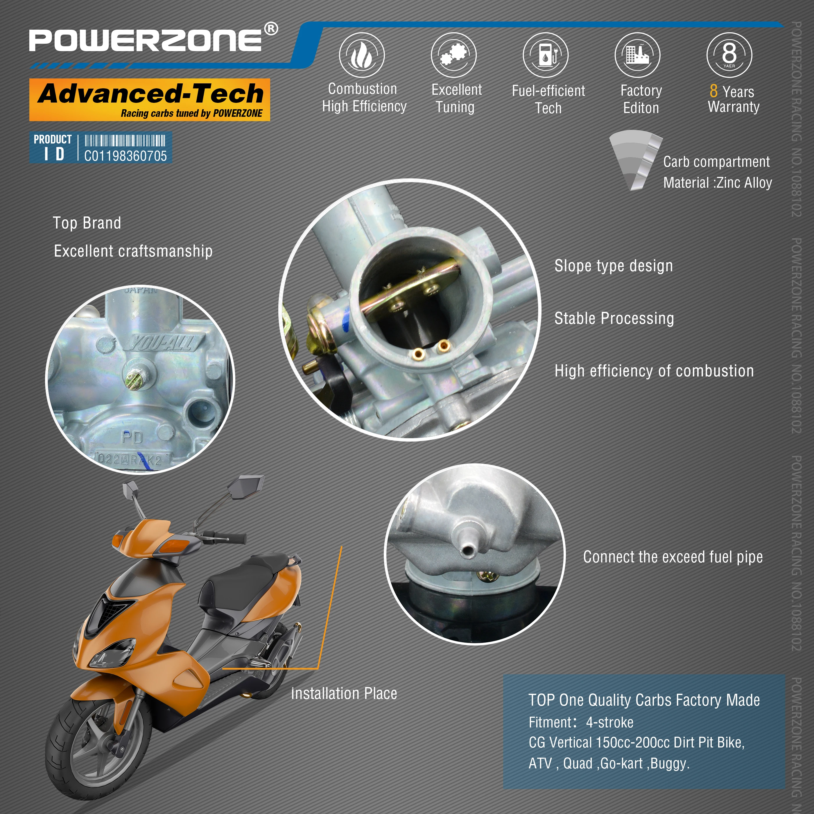 Карбюратор Powerzone PZ27 27 мм карбюратор с насосом акселератора CVK для CG 150 cc-200 куб. См