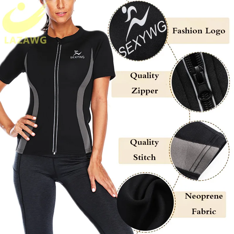 LAZAWG Women Hot Neoprene Vest Slimming Sweat Top Short Sleeve Workout Thermo Top Sauna Sweat Shirt Fat Burn Tops Weight Loss