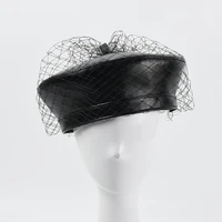 2021 new fascinating black hat chic leather french beret with veil mesh show double layer women beret cap