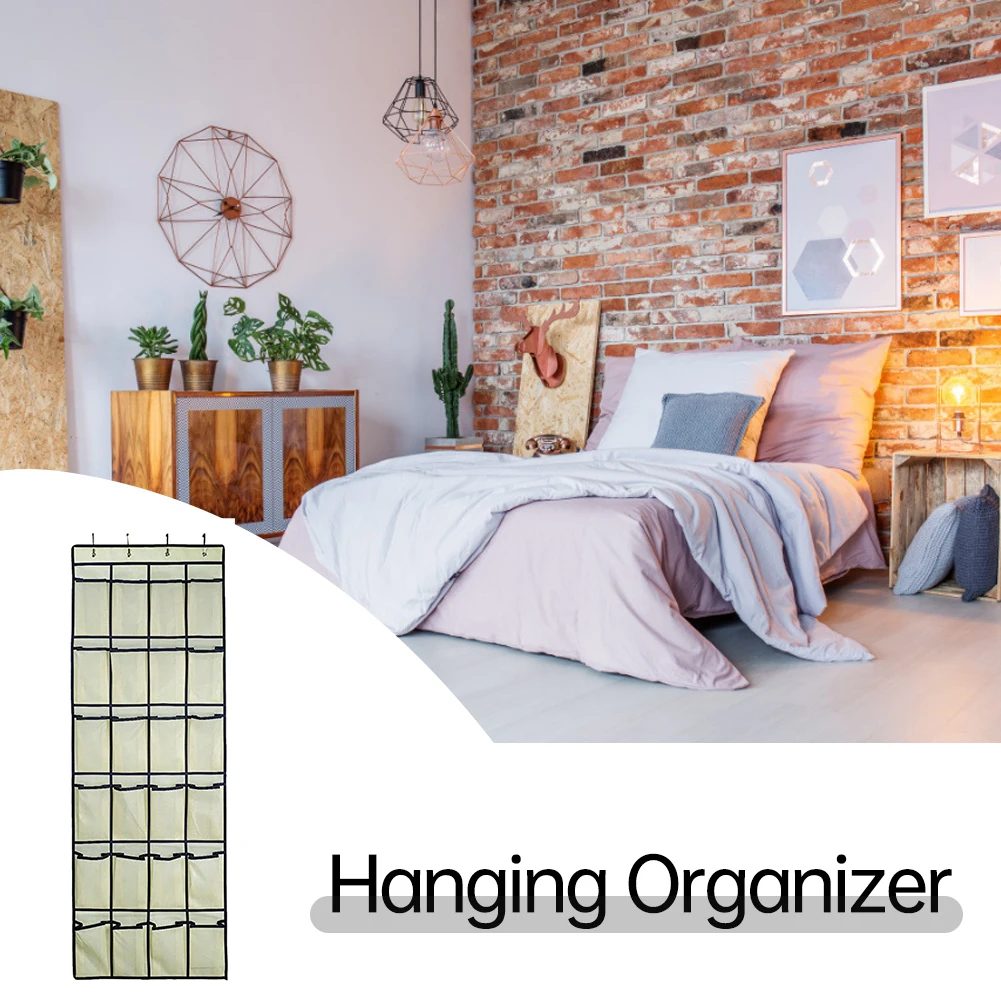 

24 Mesh Hanging Organiser Over The Door Shoe Holder Wall Mount Pockets Storage Hanger Sundries Bag For Livingroom Wardrob Beige