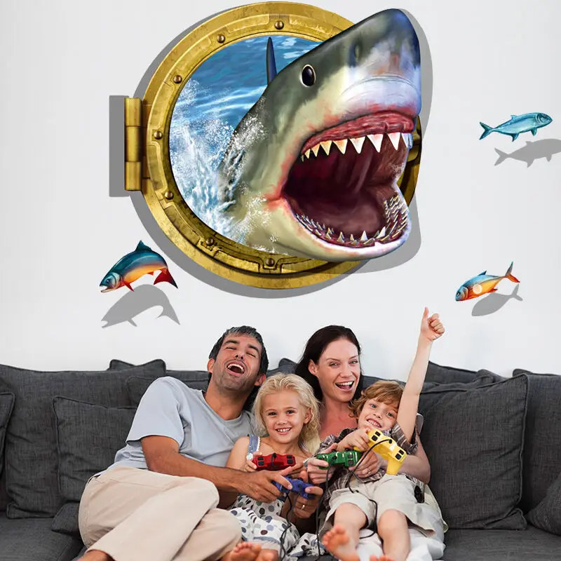 3D Акула иллюминатор Настенная Наклейка морской круиз Wall Art Стикеры домашнего