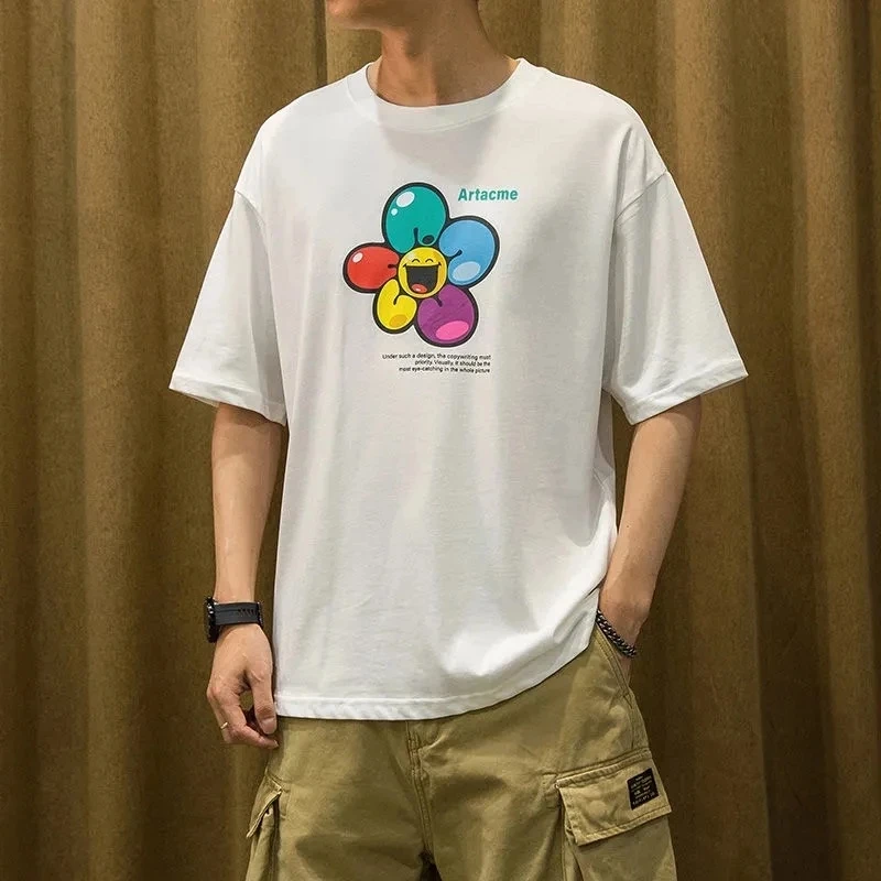 

Funny Print T-shirts Men Summer Cotton Tops Hip Hop Streetwear Male Tee Cartoon Flower Loose T Shirt Fashion Casual Men Clothing
