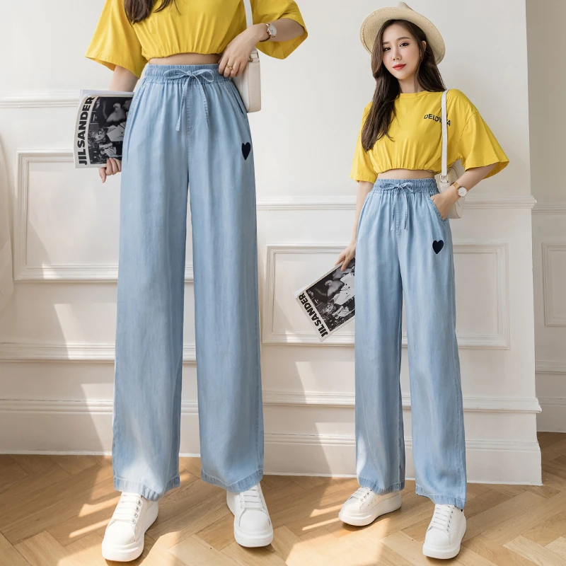 

Limiguyue Summer Women High Waist Thin Korean Embroidered Love Tencel Denim Wide Leg Pants Office Lady Loose Pants Harajuku K983
