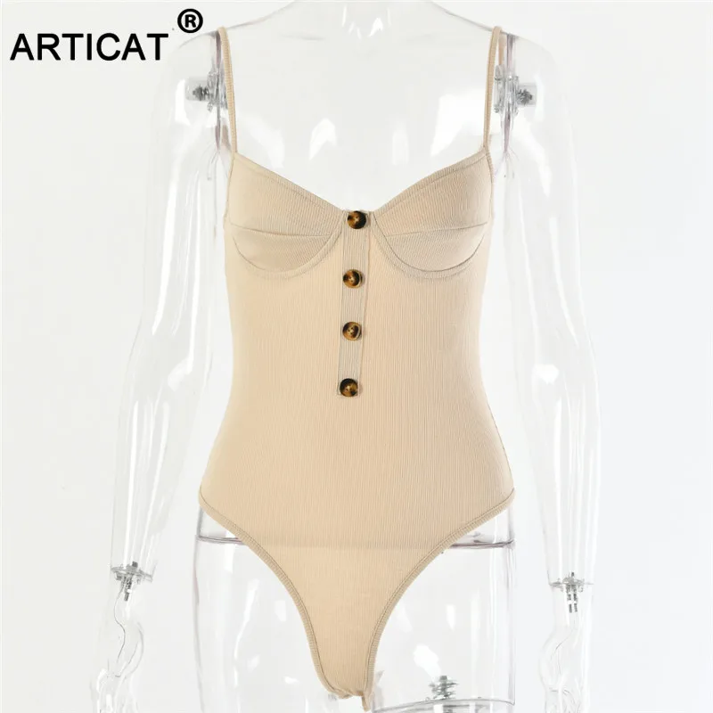 Articat Knitted Spaghetti Strap Sexy Bodysuit Women Tops Backless Buttons Bodycon Rompers Women Jumpsuit Basic Party Overalls