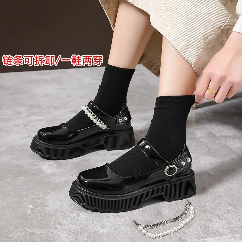 

2021 винтажные женские туфли в британском стиле с украшением из жемчуга, милые туфли мэри джейн из лакированной кожи на платформе с ремешком и...