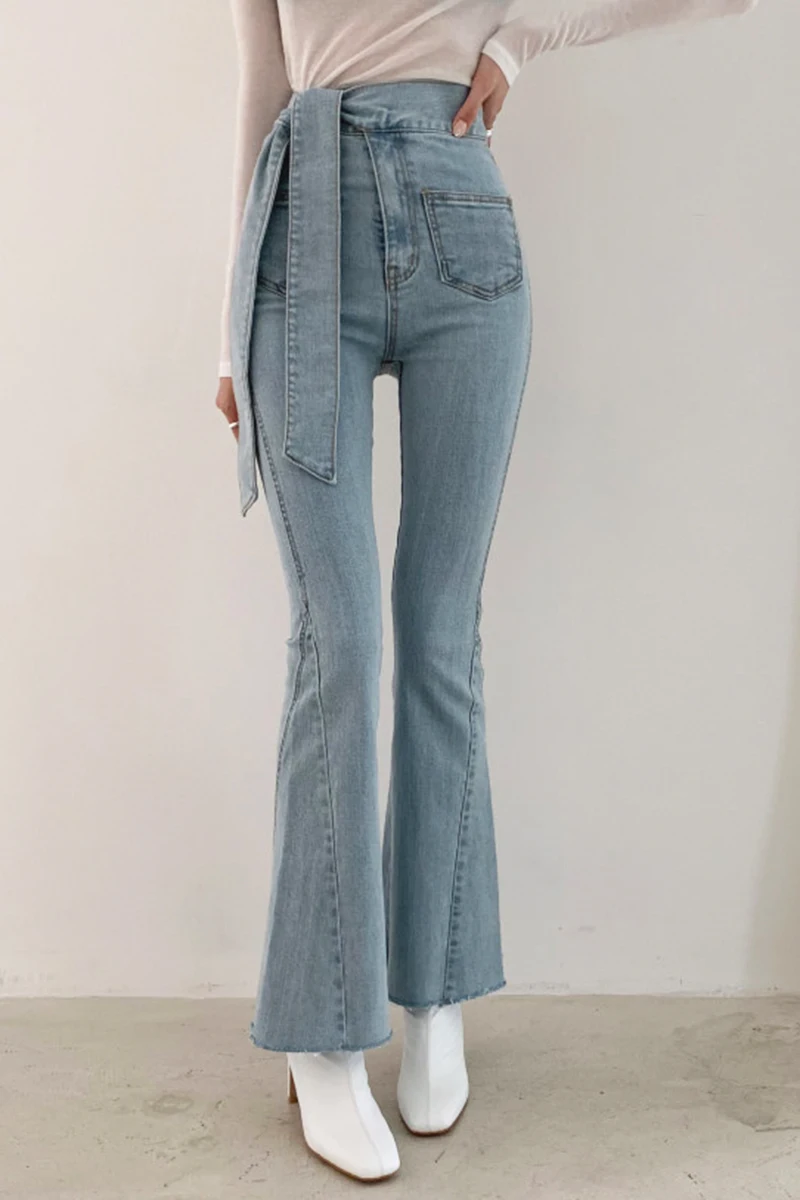 

mom jean femme 2020 korean chic vintage ladies pants lace up high waist casual slim flare jeans trousers bell bottom jeans