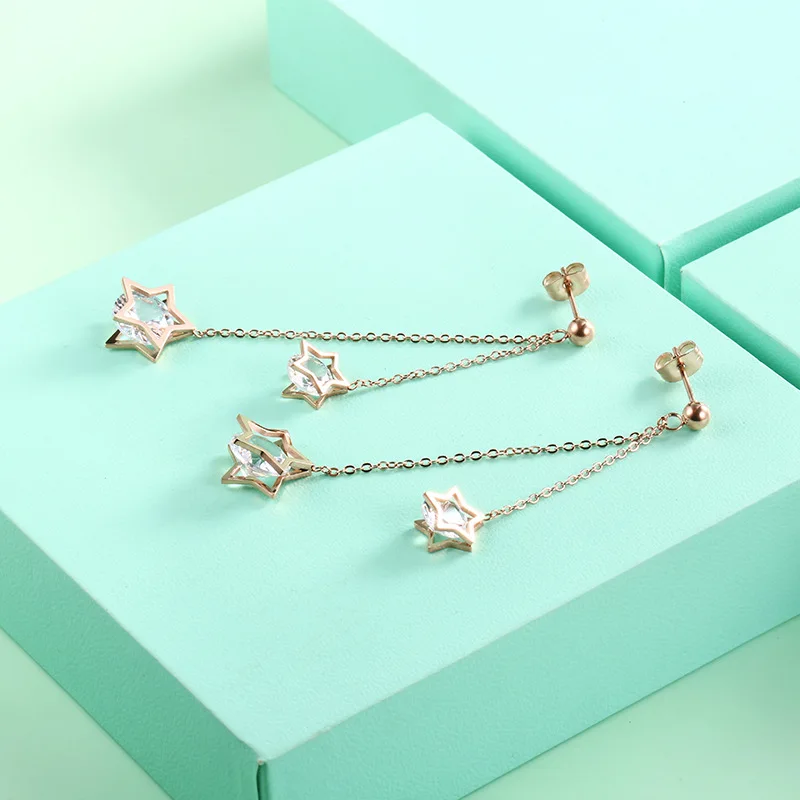 Розовое золото пентаграмма кисточкой серьги с цирконием для женщин нержавеющая