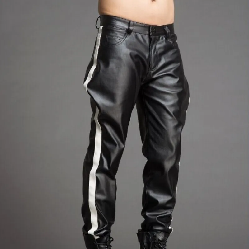 Высококачественные роскошные мужские брюки черные из искусственной кожи