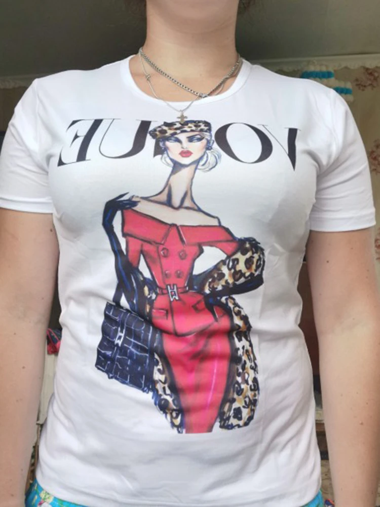 Women's T-shirts Vogue Letter Print Tee Tops Short Sleeve Casual Tee Summer Female Loose Crewneck Hipster Camisetas Mujer