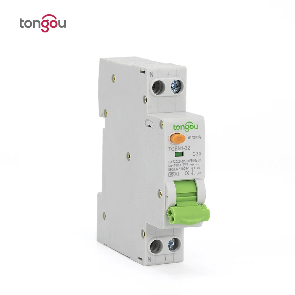 

20A 10mA 6KA 18mm RCBO 1P+N Residual Current Circuit breaker with over current and Leakage protection RCBO TOBN1-32