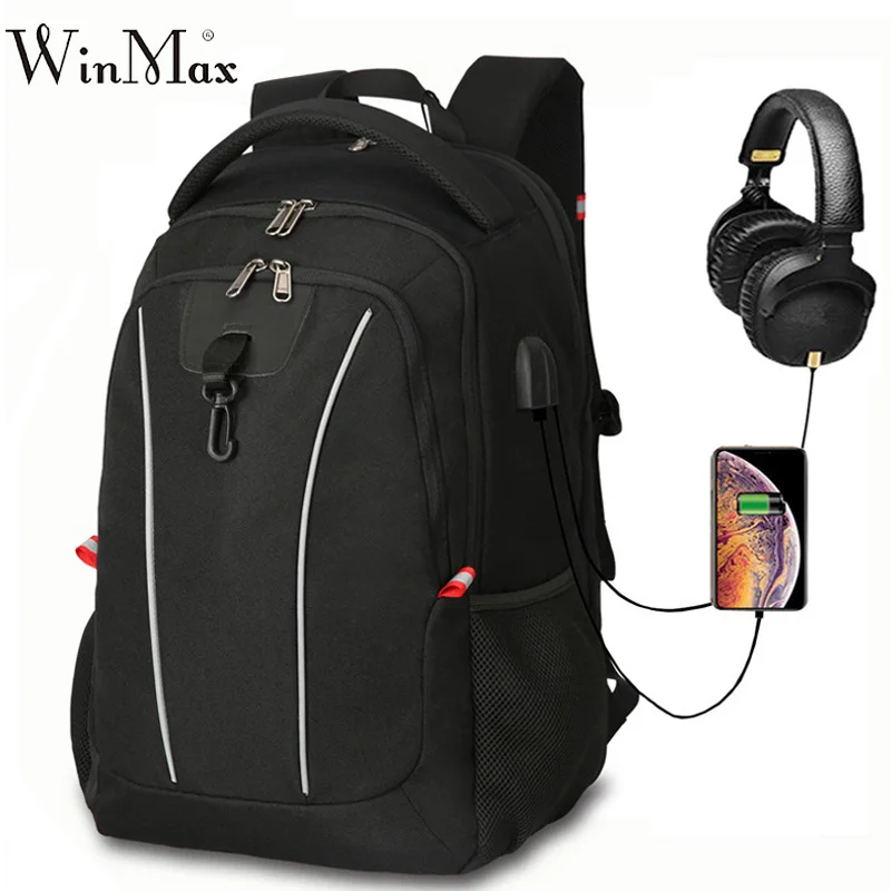 

17.3' New Fashion Men's laptop Bag WaterProof Travel Backpack Men External USB Charge Bag Black with Reflective Stripe 50cm