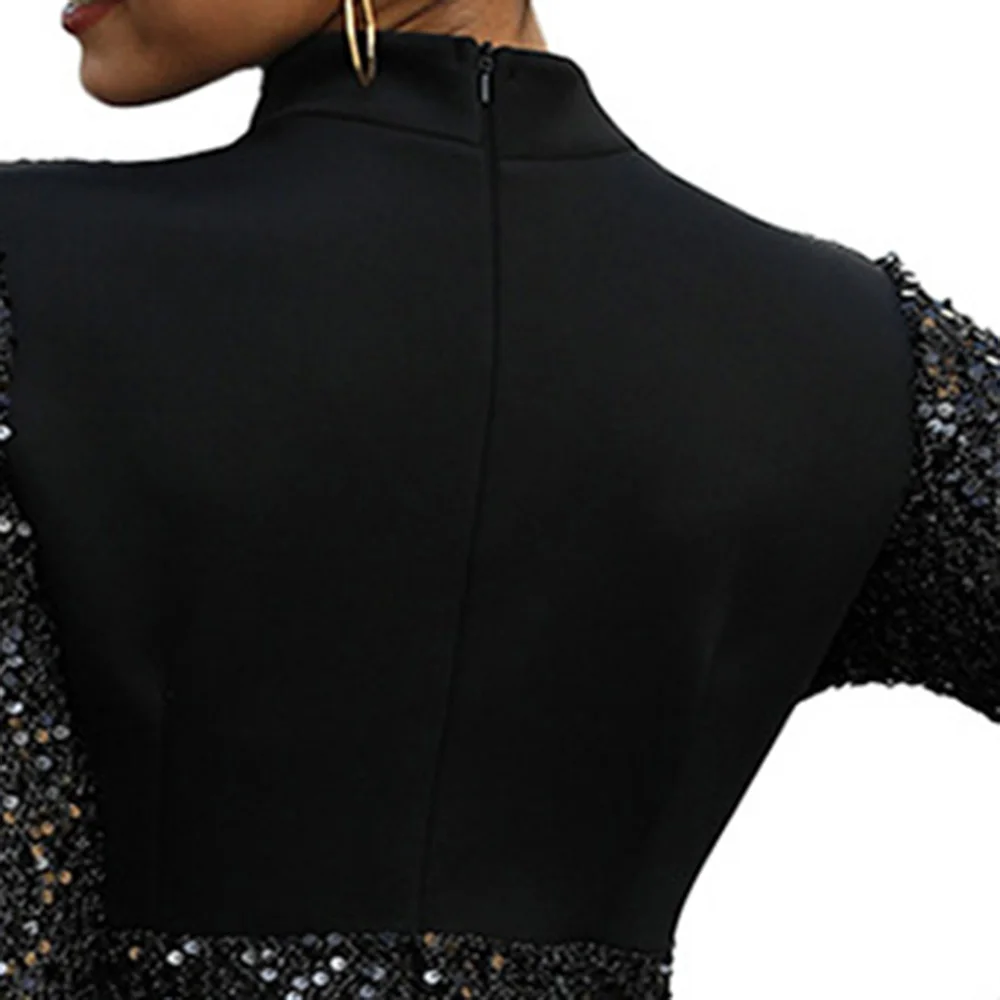 Осеннее женское облегающее платье с блестками длинным рукавом и рюшами вечернее