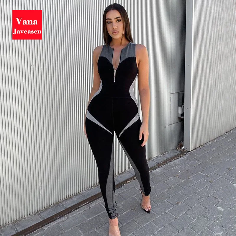 

O-Neck Sleeveless Zipper Design High Waist Jumpsuit Women Patchwork Rompers Streetwear Fitness Jumpsuit Female Autumn