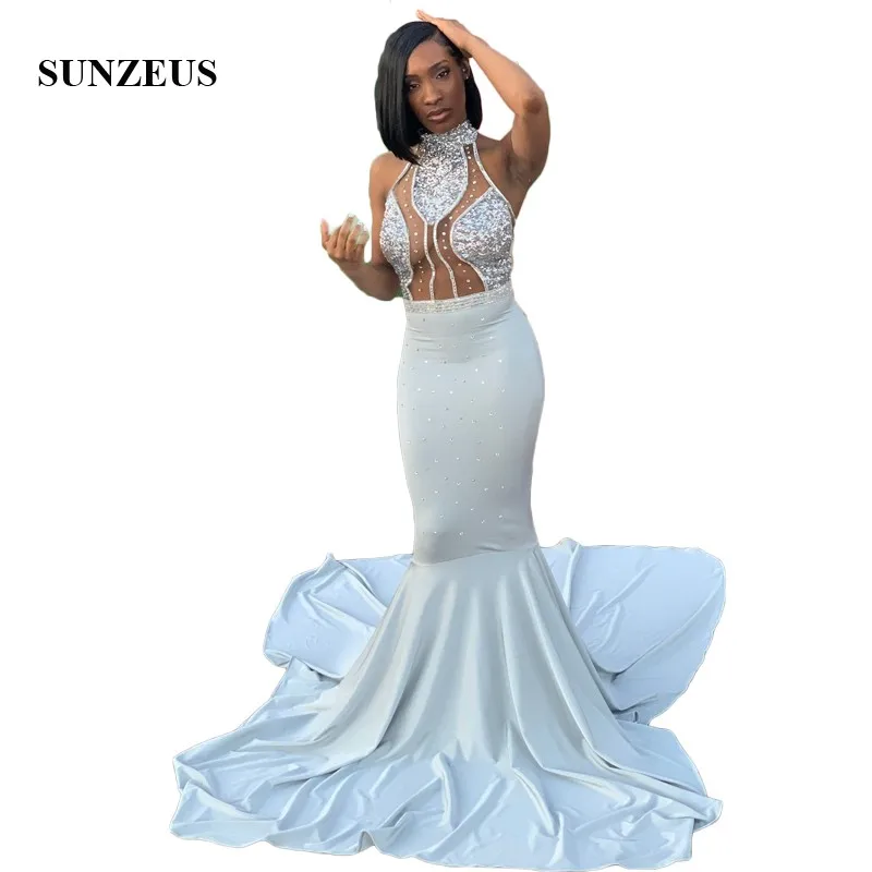 

Backless Sexy Prom Dresses Silver Spandex Mermaid Formal Dresses Bling Bling Sequins Beaded Prom Gowns vestido de fiesta de boda