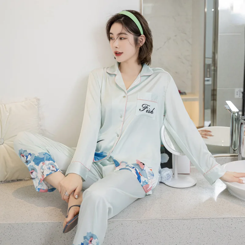 

Women's ice silk pajamas new pyjamas home clothing two-piece set sleepwear