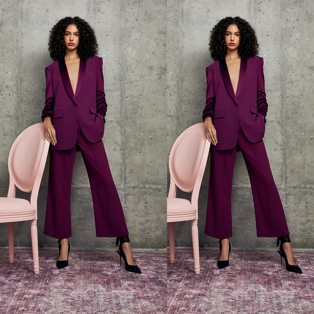 

Dark Purple Women Wedding Tuxedos Leisure Ladies Prom Evening Guest Formal Custom Made Wide Pants Suits (Jacket+Pants)