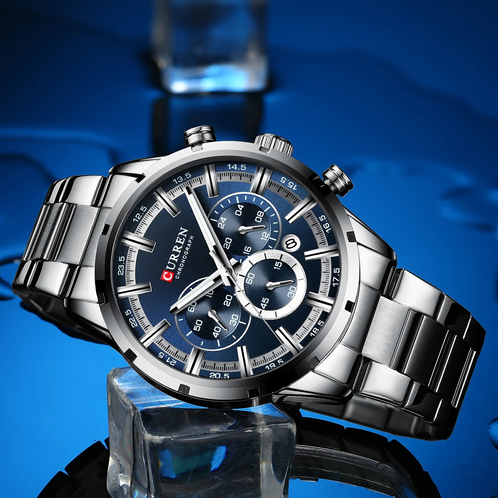 

CURREN Top Brand Military Quartz Watches Silver Clock Mens Quartz Stainless Steel Chronograph Watch for Men Casual Sporty Watch
