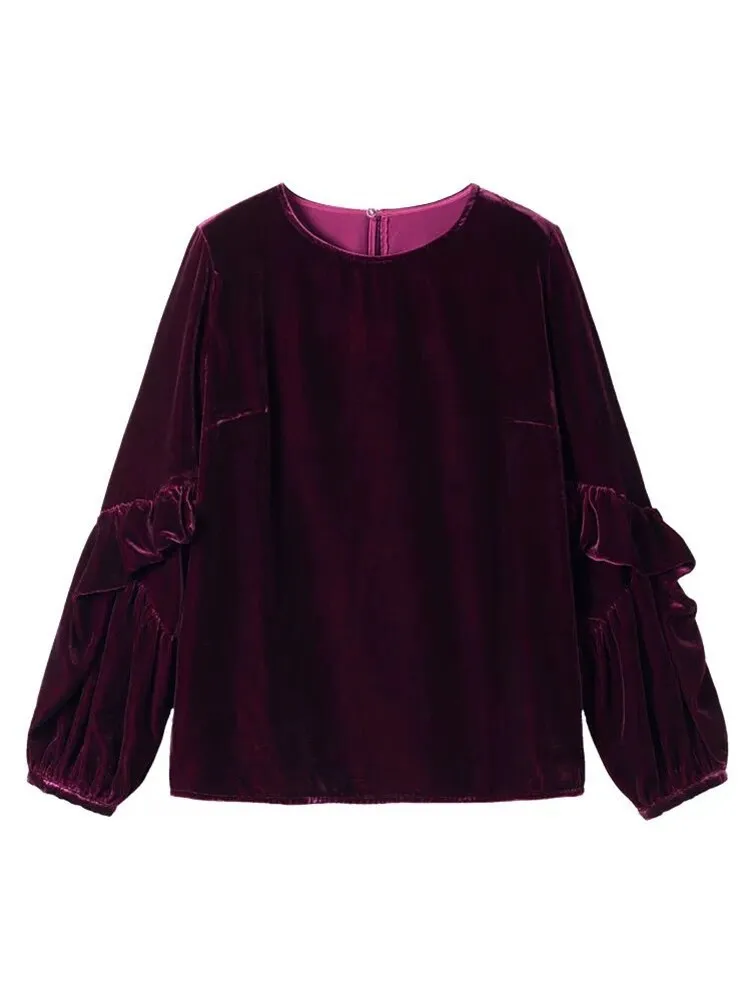 Женская бархатная блузка с длинным рукавом круглым вырезом и оборками 10 цветов