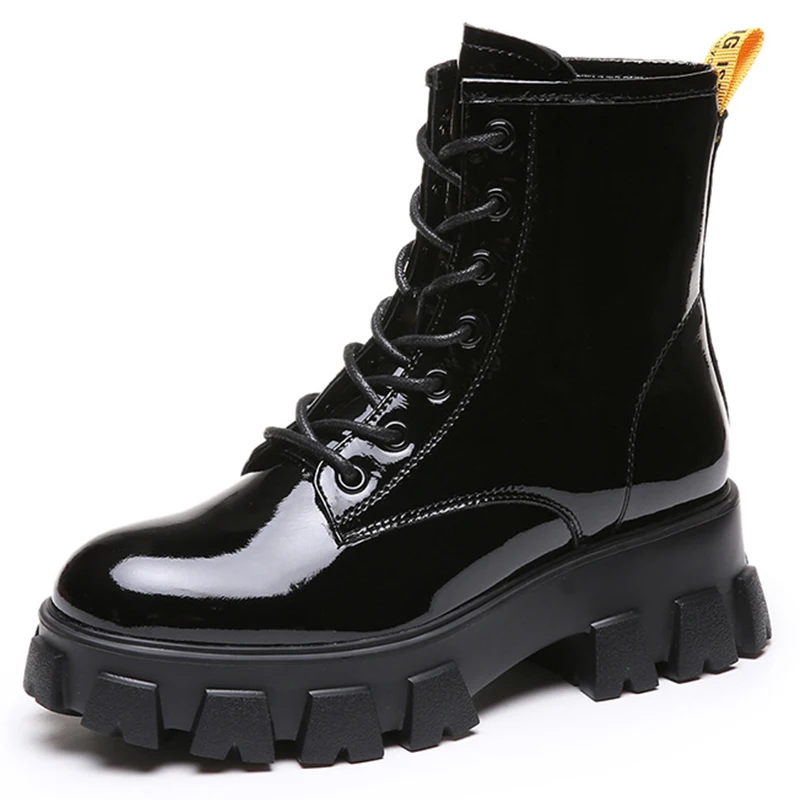 Зимние Черные ботильоны из лакированной кожи для женщин плюшевые теплые ботинки