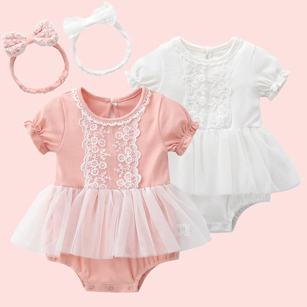 

Spring Baby Girl Clothes Cotton Baby Jumpsuit Baby Romper Pink White Dress Short Sleeve Summer Baby Clothes With Headband