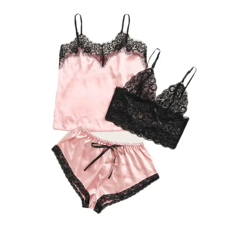 Pink Модный сексуальный комплект нижнего белья из 3 предметов, Женский атласный кружевной бант, Шелковый Камзол шорты, комплект одежды для сна, пижама, 661SW10 - Цвет: Pink