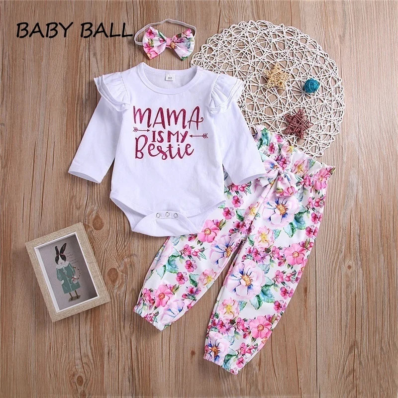 Newborn Baby Girl Mama Is My Bestie Cute Letter Printed Ruffle Long Sleeve Romper Floral Pants with Waist Bowknot Outfits | Детская