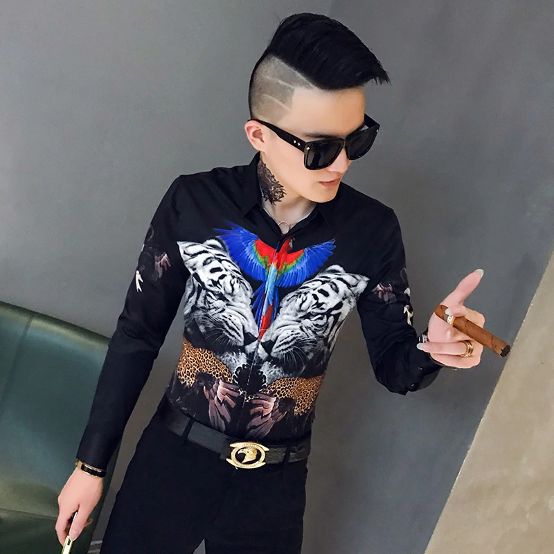 Дизайнерские мужские рубашки с 3D принтом, с длинным рукавом, Camisa Masculina, Повседневная приталенная Мужская рубашка для работы в ночном клубе, уличная рубашка - Цвет: black