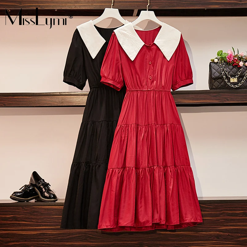 

L-4XL Plus Size Women Elastic High Waist Pleated Midi Dress Summer 2021 Peter Pan Collar Short Sleeve Ruffle Fringed Dress es