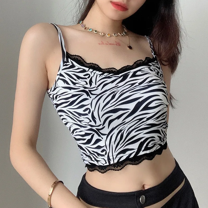 

Sexy Lace Patchwork Zebra Print Camis Gothic Streetwear Bodycon Crop Tank Tops Women Vintage V-neck Tanks Summer 90s New