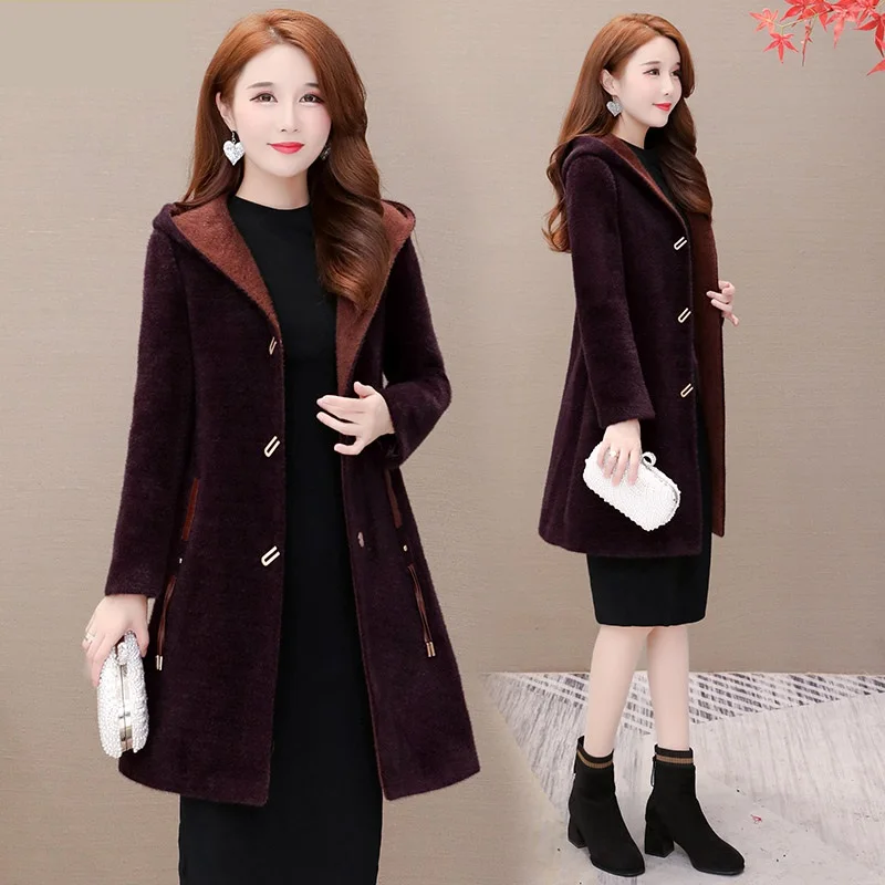 Haute couture Imitate Mink cashmere coat Women autumn jacket Shaggy coats Hooded high quality Fashionable female clothing 1402