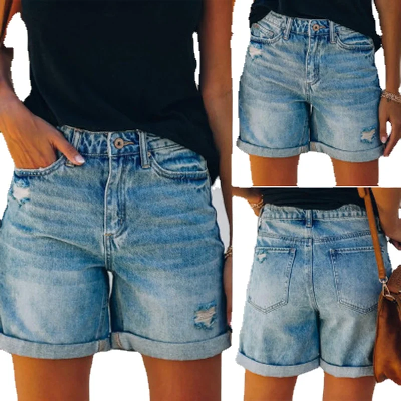 

Women Summer Denim Shorts Ripped Hole Folded Pockets Jeans Shorts Ladies Beachwear Short Pants