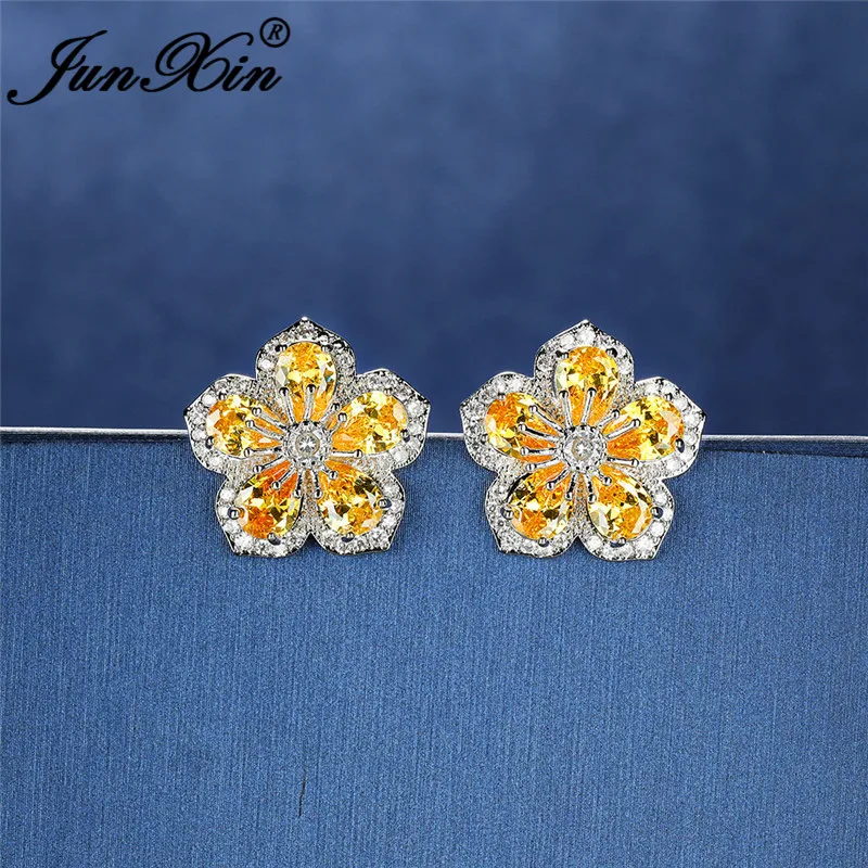 Вишневые большие серьги гвоздики с кристаллами для женщин белые золотые Зеленые