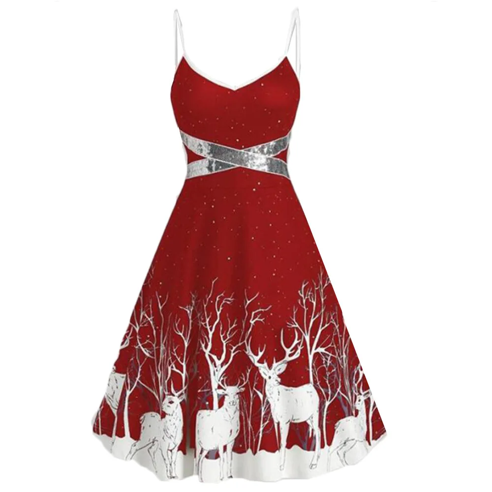 

Merry Christmas Dress Fashion Women Vintage Print Off Shoulder V-Neck Evening Party Dress Vestido De Mujer Willon Green Dress